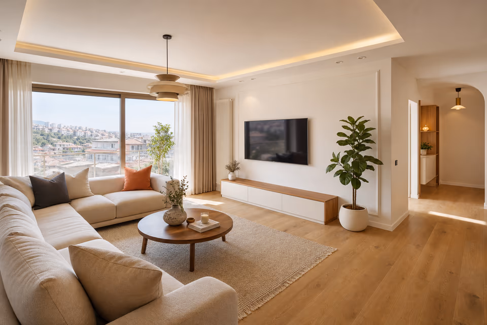 Gün ışığı alan yenilenmiş salon; sıcak parke ve açık renk duvarlar
