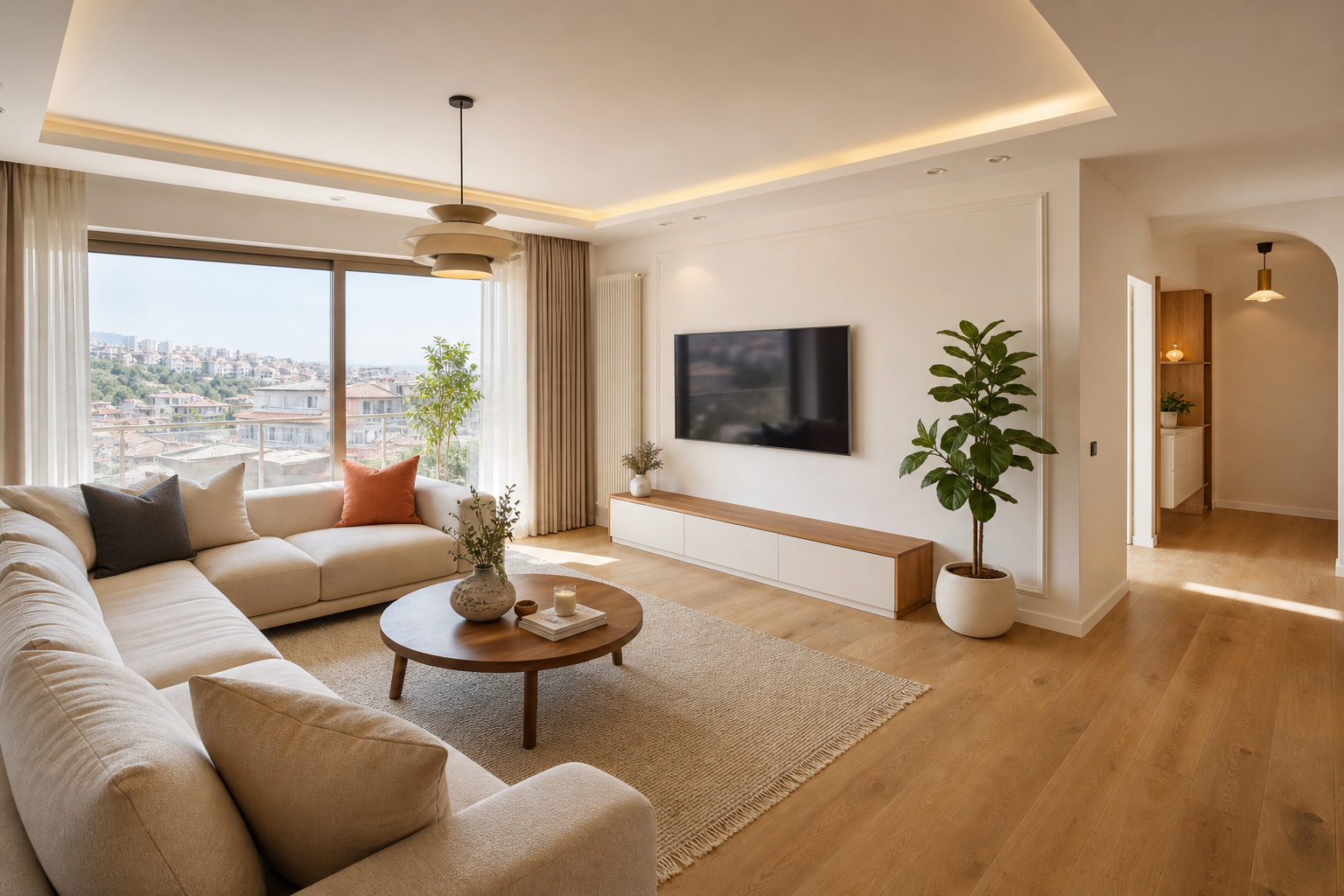 Gün ışığı alan yenilenmiş salon; sıcak parke ve açık renk duvarlar