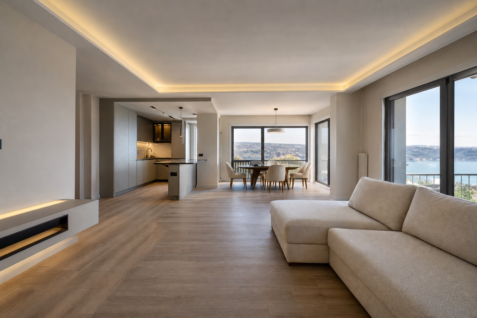 Yenilenmiş açık plan salon ve oturma alanı